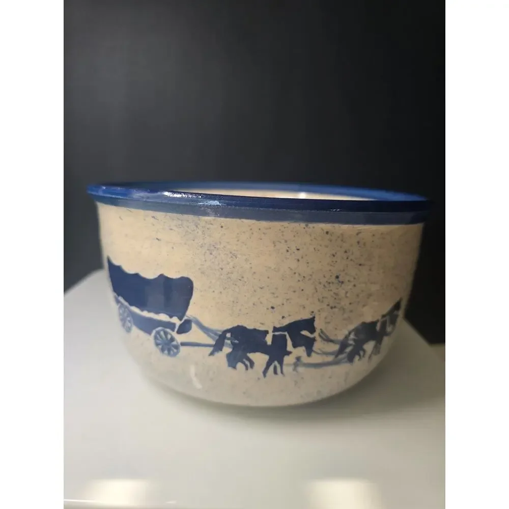 Salt Glazed Stoneware Bowl Cobalt Blue Silhouette of Horse & Wagon Speckled